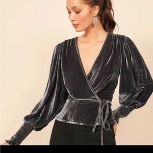 NEW! Reformation Velvet Peplum Wraparound Top Mela| Color: Dark Grey| Size: S